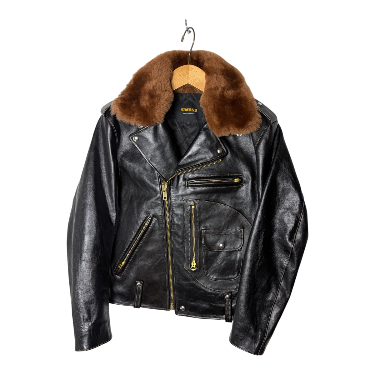 SIMONS Horsehide Leather Biker Jacket with Fur Collar – Black, Size S Men's